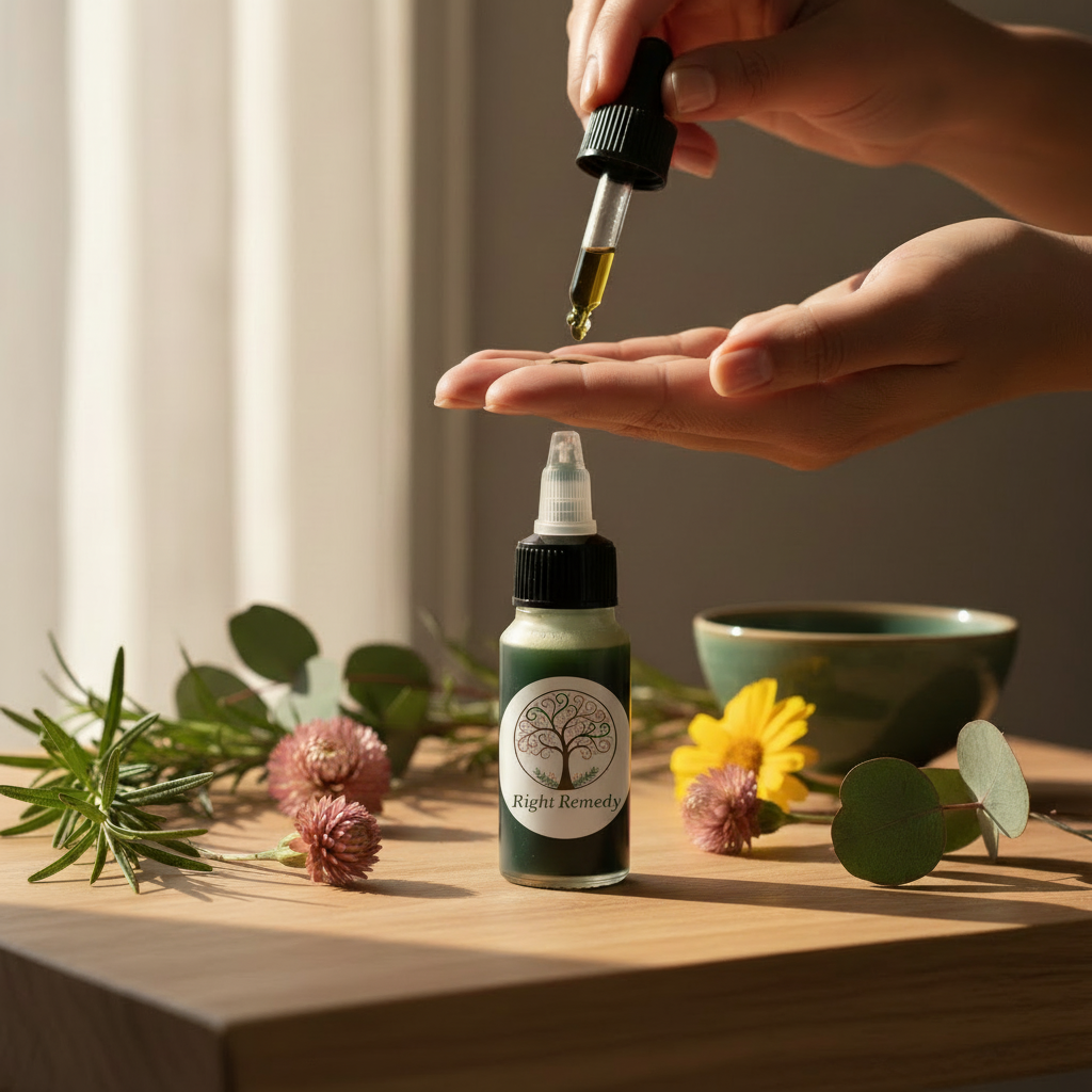 Right Remedy Hair Oil Lifestyle Shot with Circular Logo